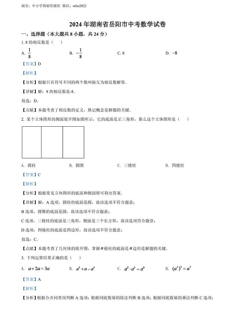 2024年湖南省岳阳市中考数学模拟试卷(解析版)第1页