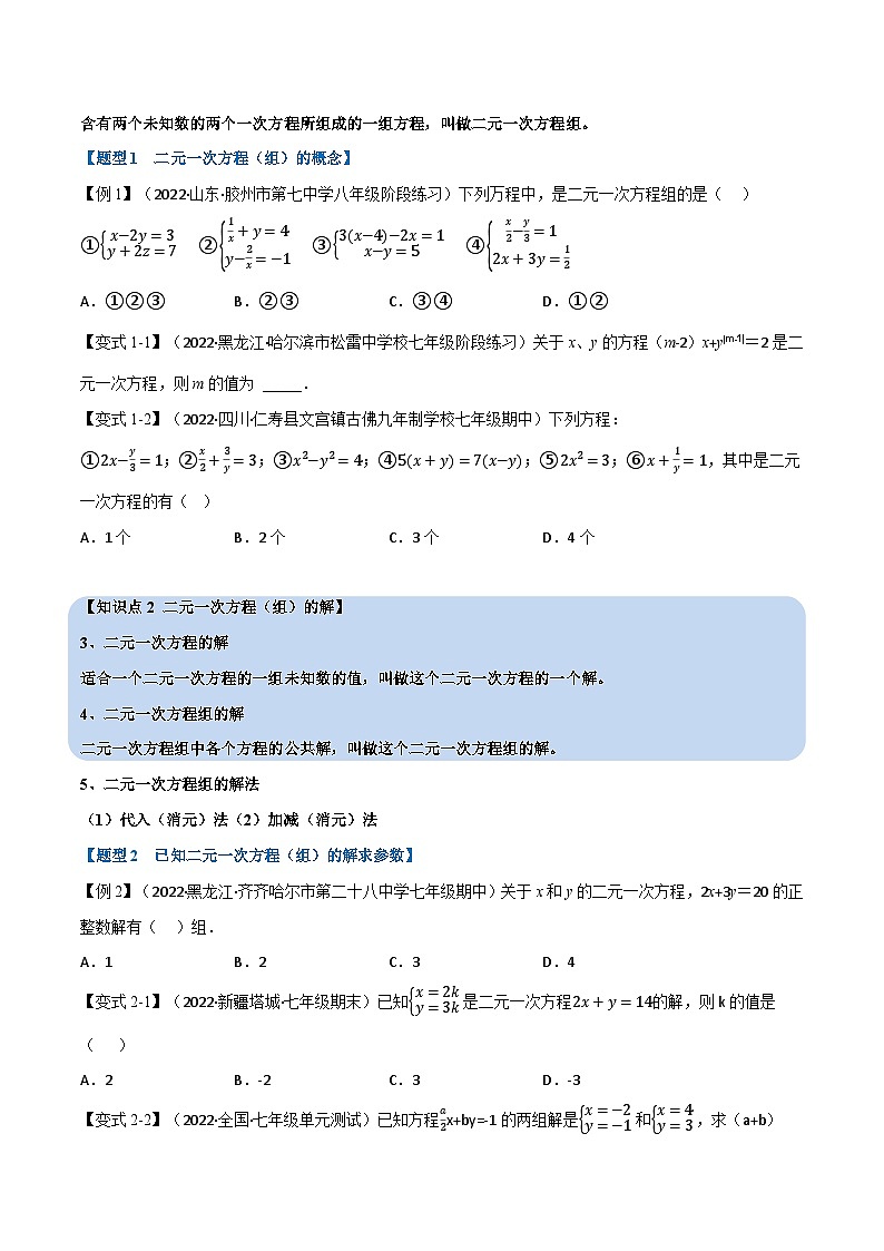 专题10.1 二元一次方程组及其解法【九大题型】-最新苏教版七年级下册数学精讲精练(学生版)第2页