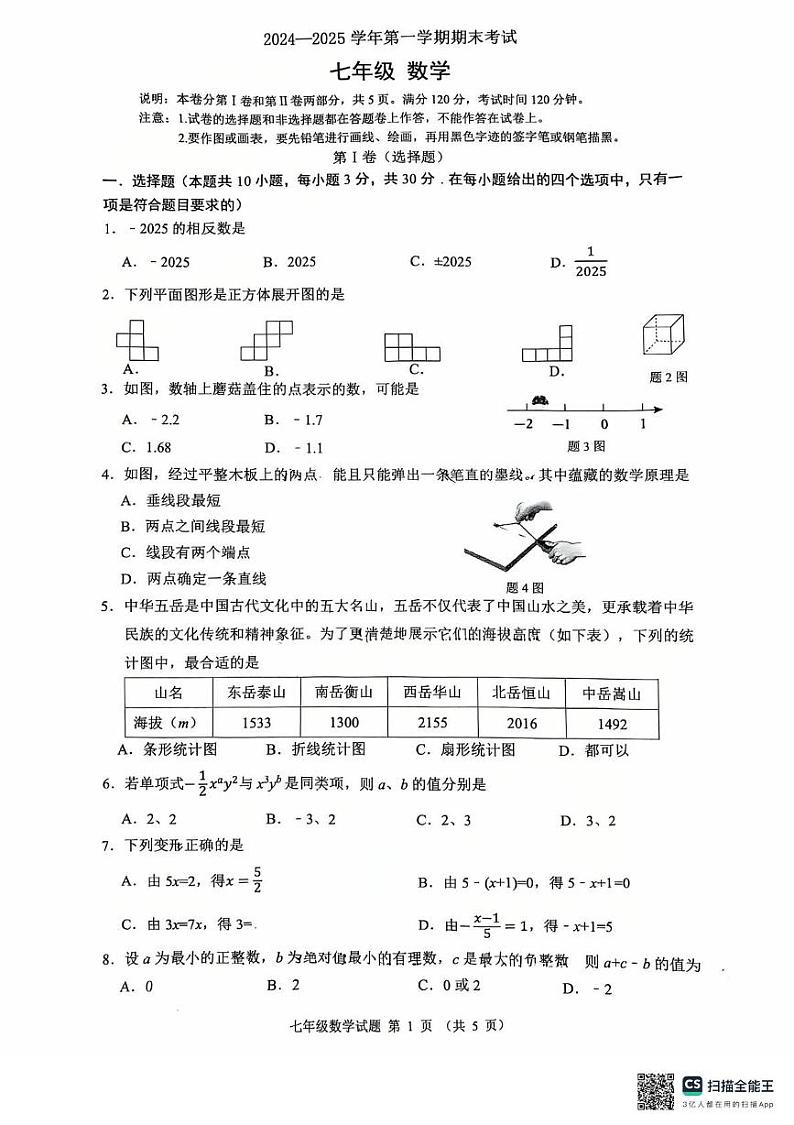 广东省佛山市禅城区2024-2025学年七年级上学期期末数学试卷第1页