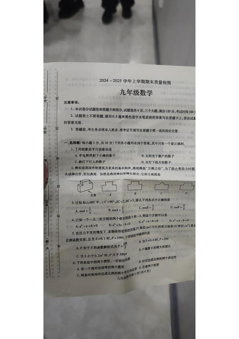 河南省平顶山市2024-2025学年九年级上学期1月期末考试数学试题第1页