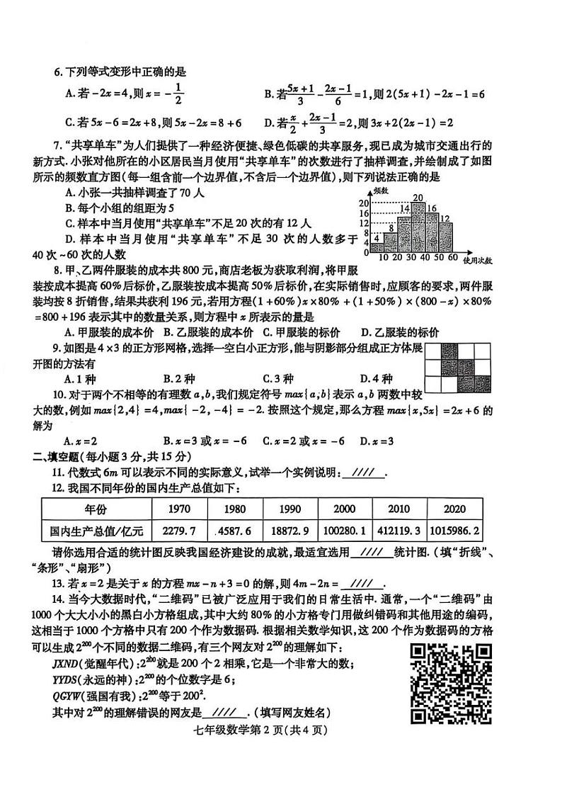 河南省平顶山市汝州市2024-2025学年上学期期末试卷七年级数学试题第2页