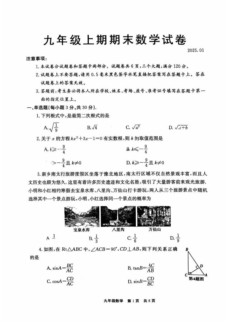 河南省新乡市2024-2025学年九年级上学期1月期末考试数学试题第1页