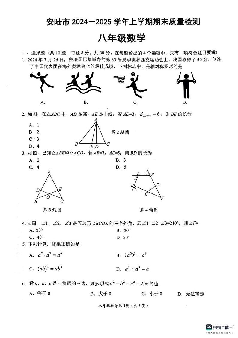 湖北省孝感市安陆市2024-2025学年八年级上学期期末质量检测数学试题第1页