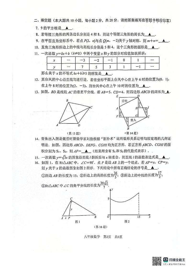 2024-2025学年南京市建邺区八年级上学期期末数学试卷和答案解析第2页