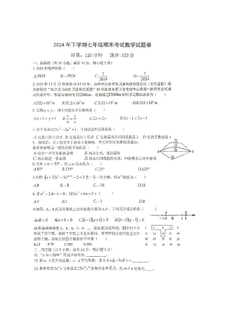 湖南省株洲市天元区校联考2024-2025学年七年级上学期期末考试数学试题第1页