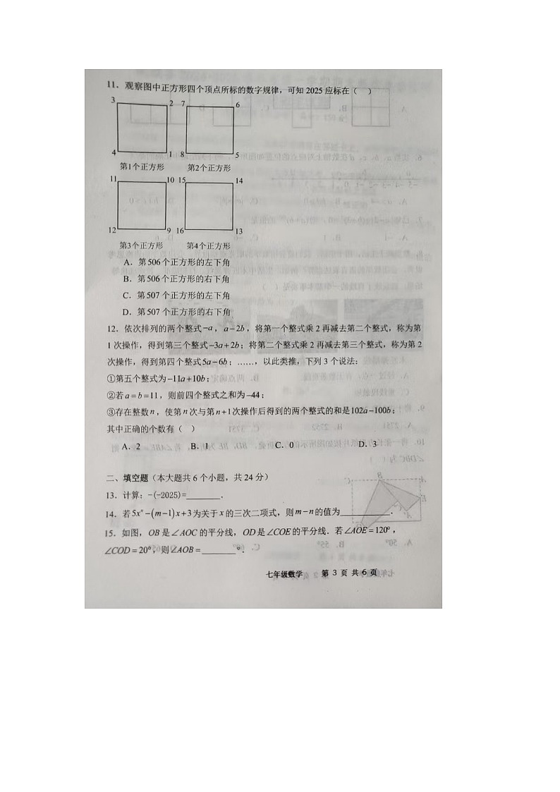山东省德州市武城县2024-2025学年上学期期末考试七年级数学试题第3页