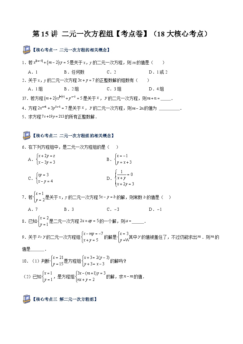 第15讲 二元一次方程组【考点卷】（18大核心考点）-【寒假自学课】2025年七年级数学寒假提升精品讲义（浙教版2024）