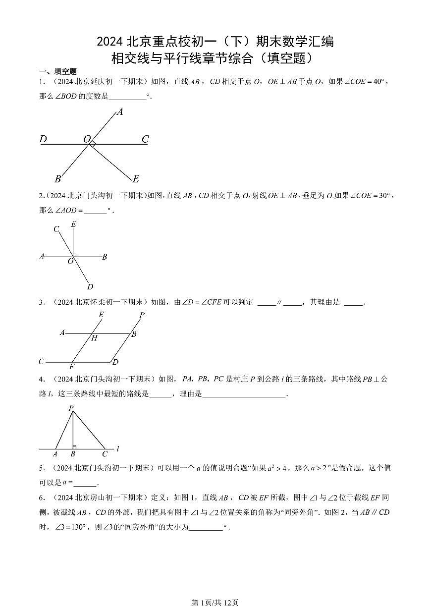 2024北京重點校初一（下）期末真題數(shù)學匯編：相交線與平行線章節(jié)綜合（填空題）第1頁