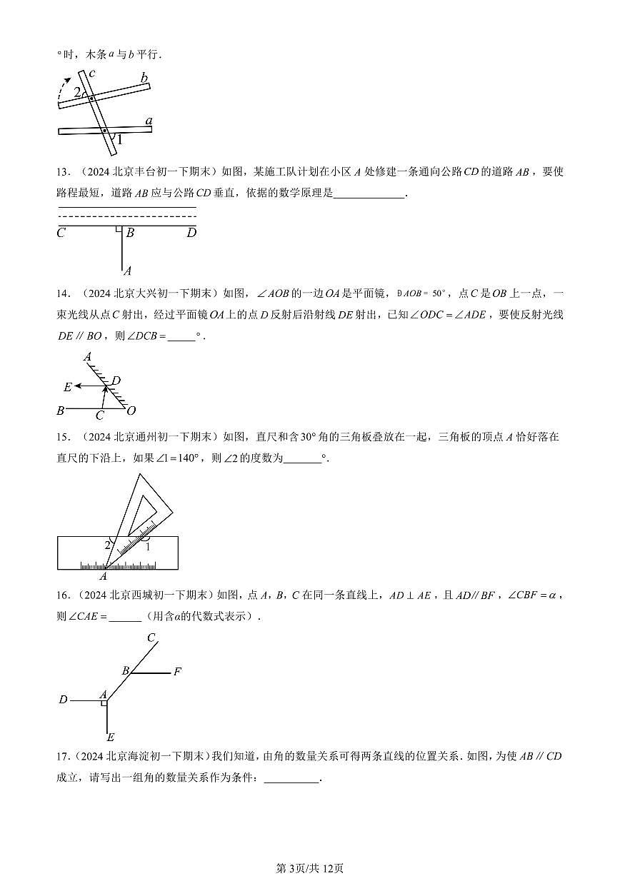 2024北京重點校初一（下）期末真題數(shù)學匯編：相交線與平行線章節(jié)綜合（填空題）第3頁