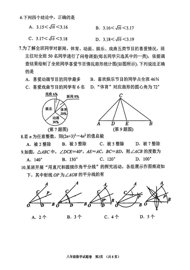 2024年南阳市秋期八年级期末试卷—数学第2页
