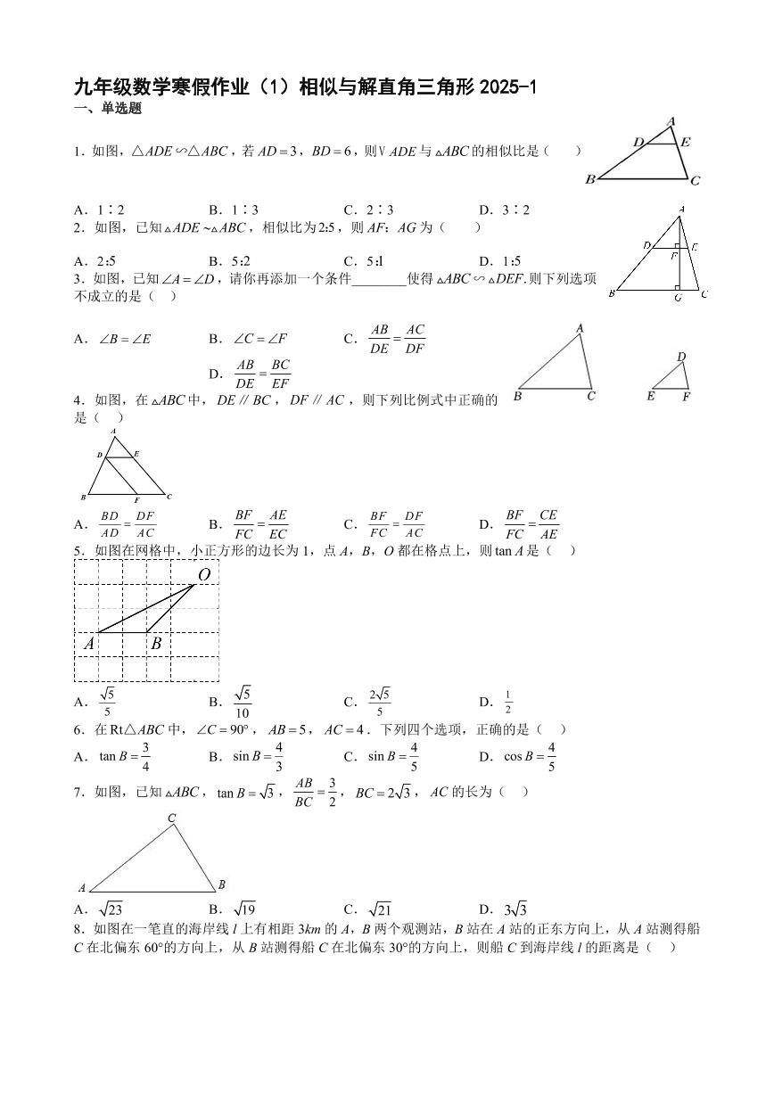 九年级数学寒假作业（1）相似与解直角三角形(2)