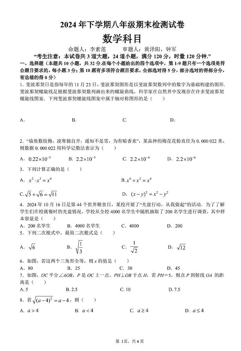 雅礼教育集团2024-2025八年级上学期期末考试数学试卷第1页