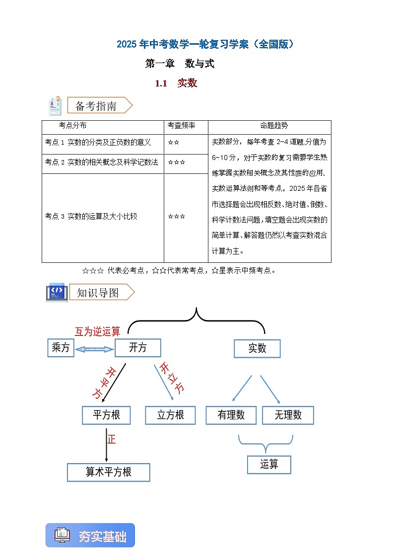 2025年中考数学一轮复习学案:1.1实数(教师版) 第1页