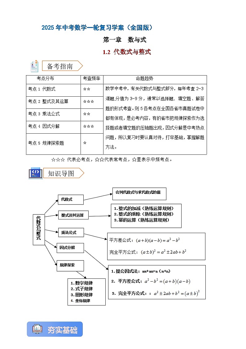 2025年中考数学一轮复习学案:1.2 代数式与整式 (学生版) 第1页