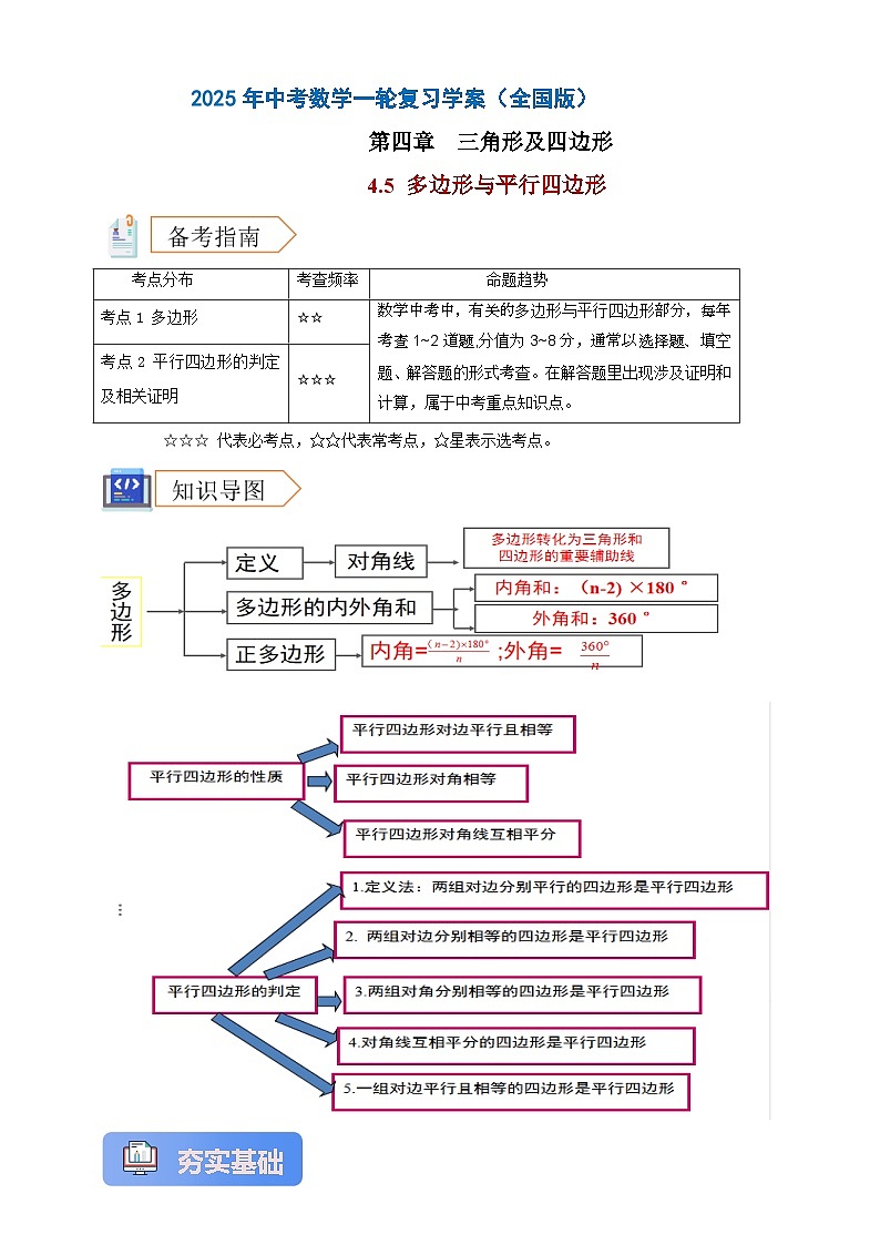 2025年中考数学一轮复习学案:4.5 多边形与平行四边形 (教师版) 第1页