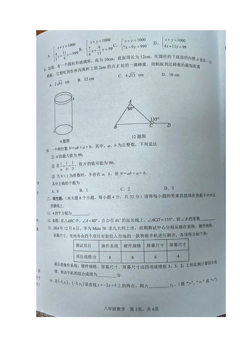 重庆市大渡口区2024-2025学年八年级上学期期末考试数学试题第2页