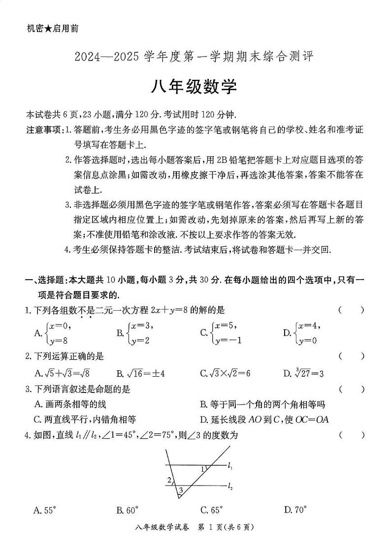 广东省河源市紫金县2024-2025学年八年级上学期1月期末考试数学试题第1页