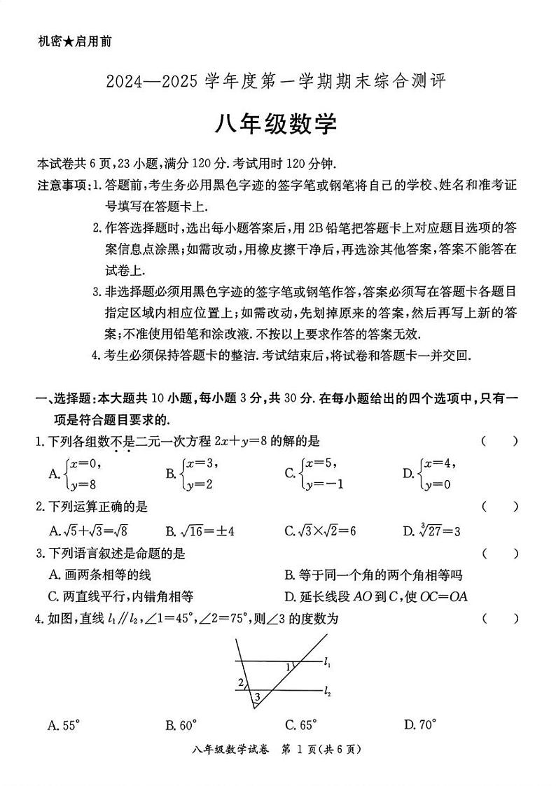 广东省河源市紫金县2024-2025学年上学期期末考试八年级数学试卷第1页