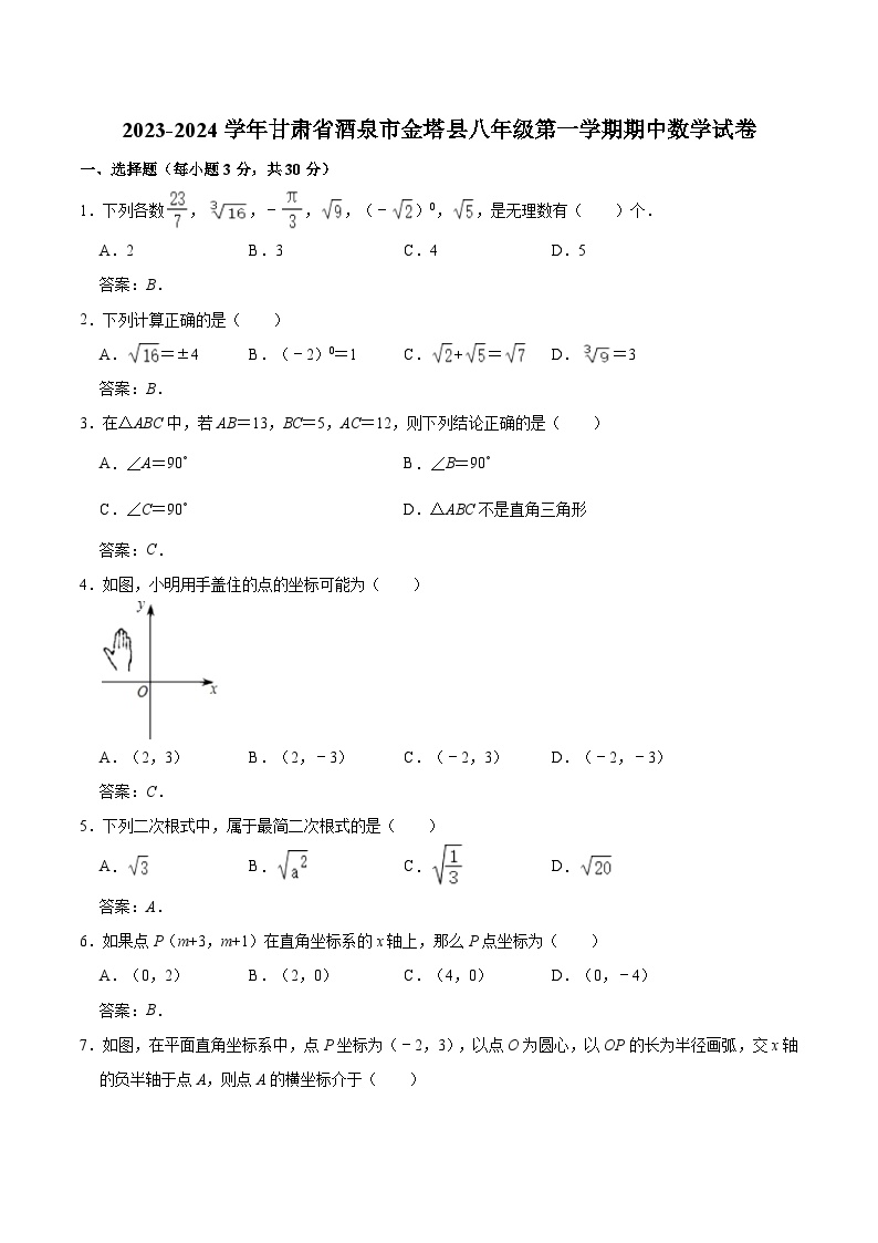 甘肃省酒泉市金塔县2023-2024学年八年级上学期期中考试数学试卷(含答案)