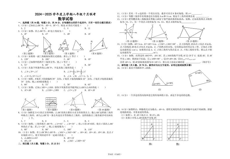 湖北省十三校2024-2025学年八年级上学期10月月考数学试卷(含答案)第1页
