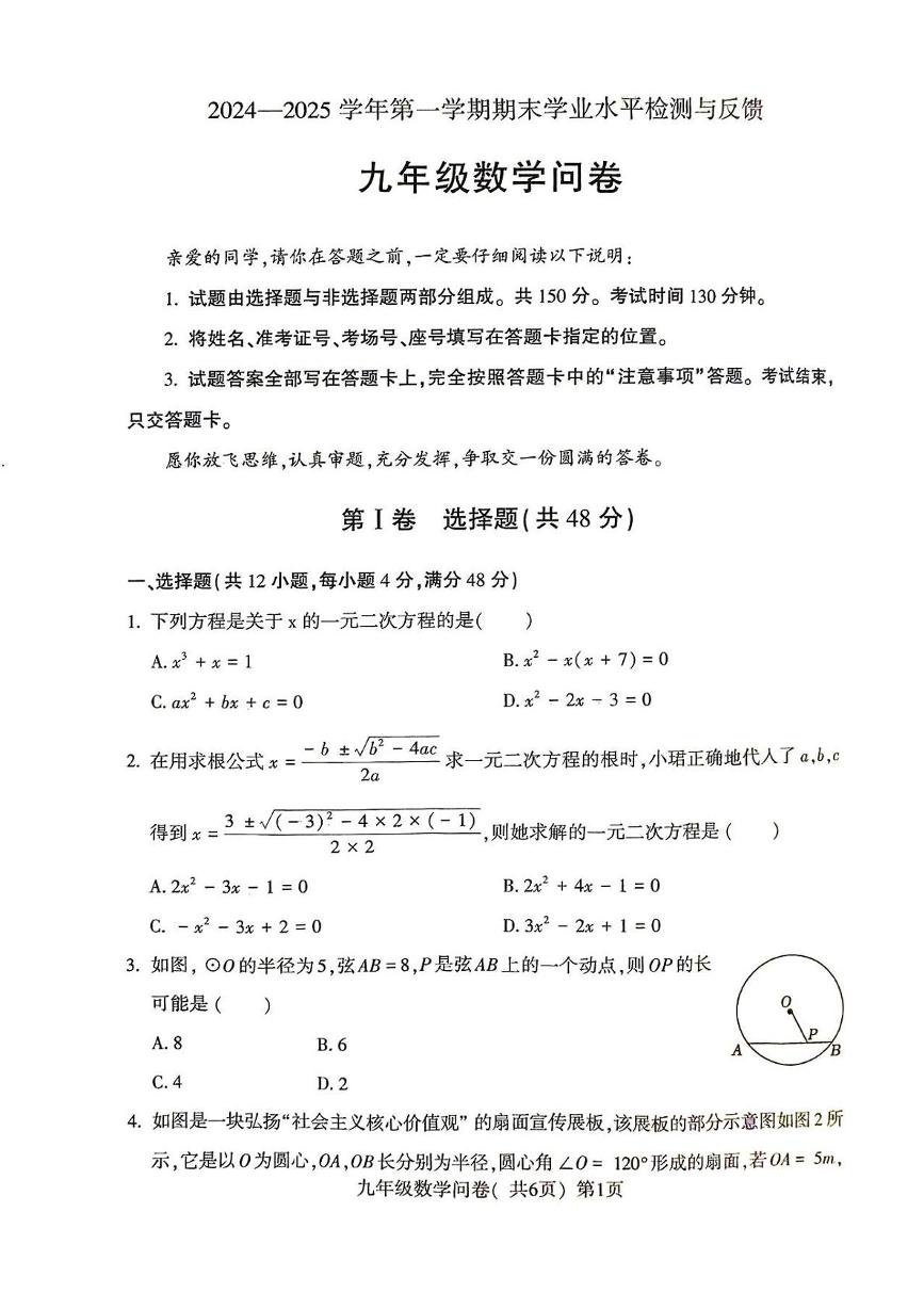 山东省聊城市阳谷县2024-2025学年上学期期末学业水平检测与反馈九年级数学试题