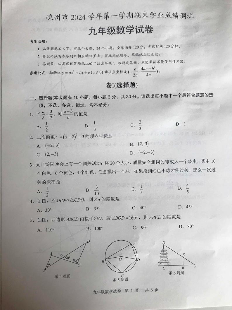浙江省绍兴市嵊州市2024-2025学年九年级上学期1月期末数学试题第1页