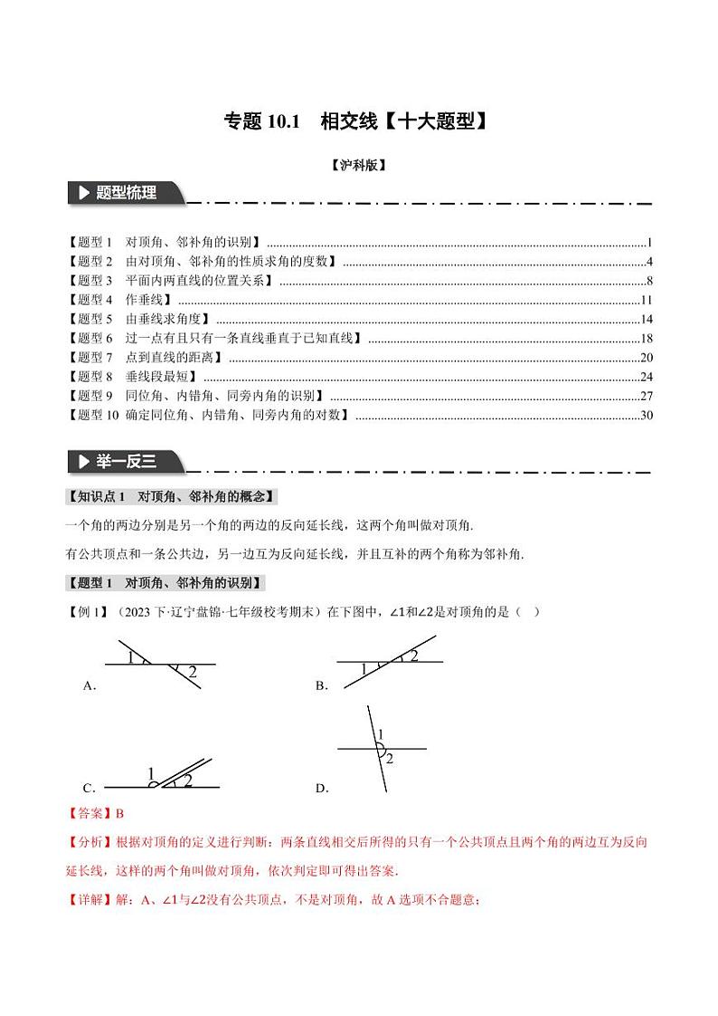 专题10.1 相交线(举一反三)(沪科版)(教师版) 2023-2024学年七年级数学下册举一反三系列(沪科版)第1页