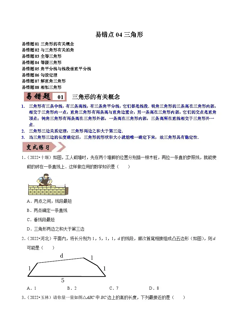 中考数学一轮复习易错点练习04三角形(原卷版)第1页