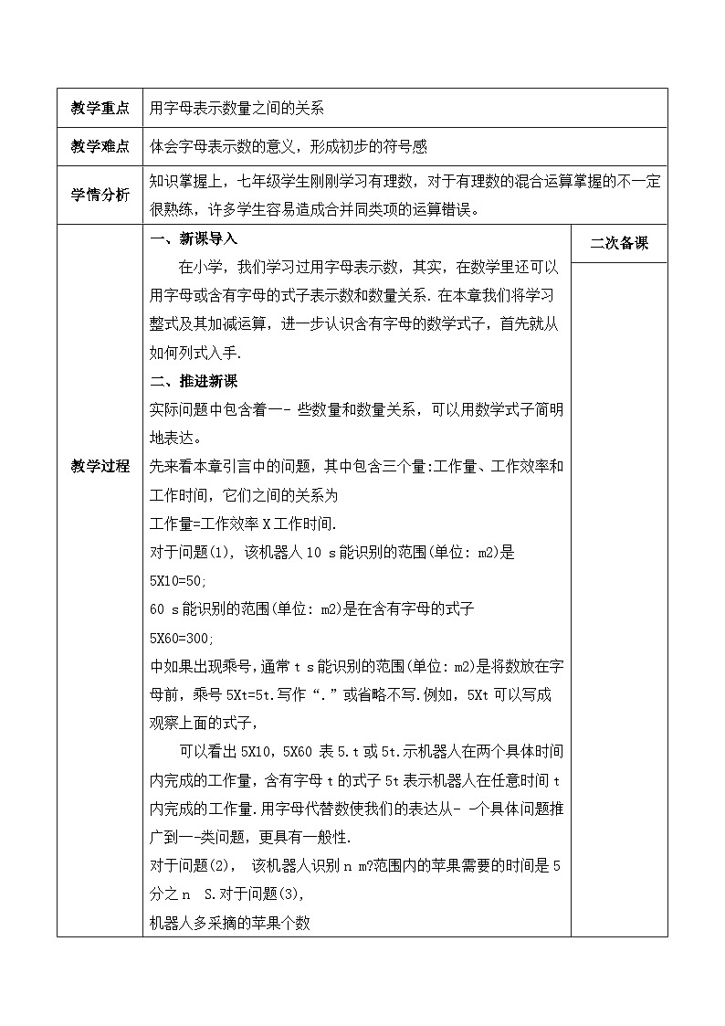 人教版(2024)七年级数学上册 3.1 列代数式表示数量关系第1课时 教案第2页
