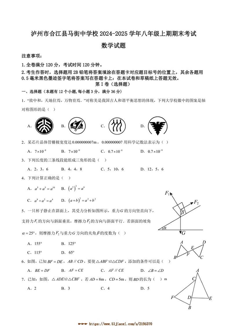 2024~2025学年四川省合江县马街中学校八年级上1月期末考试数学试卷(含答案)第1页