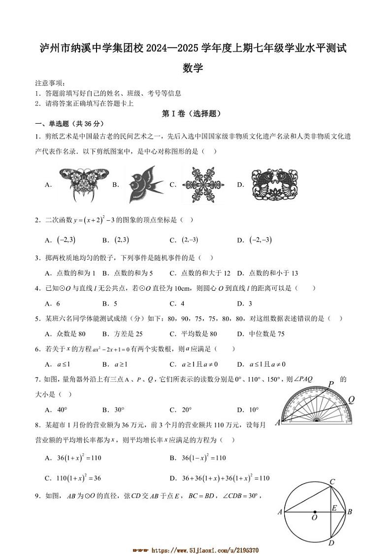 2024~2025学年四川省泸州市纳溪区纳溪中学集团校联考(月考)九年级上1月期末数学试卷(含答案)第1页
