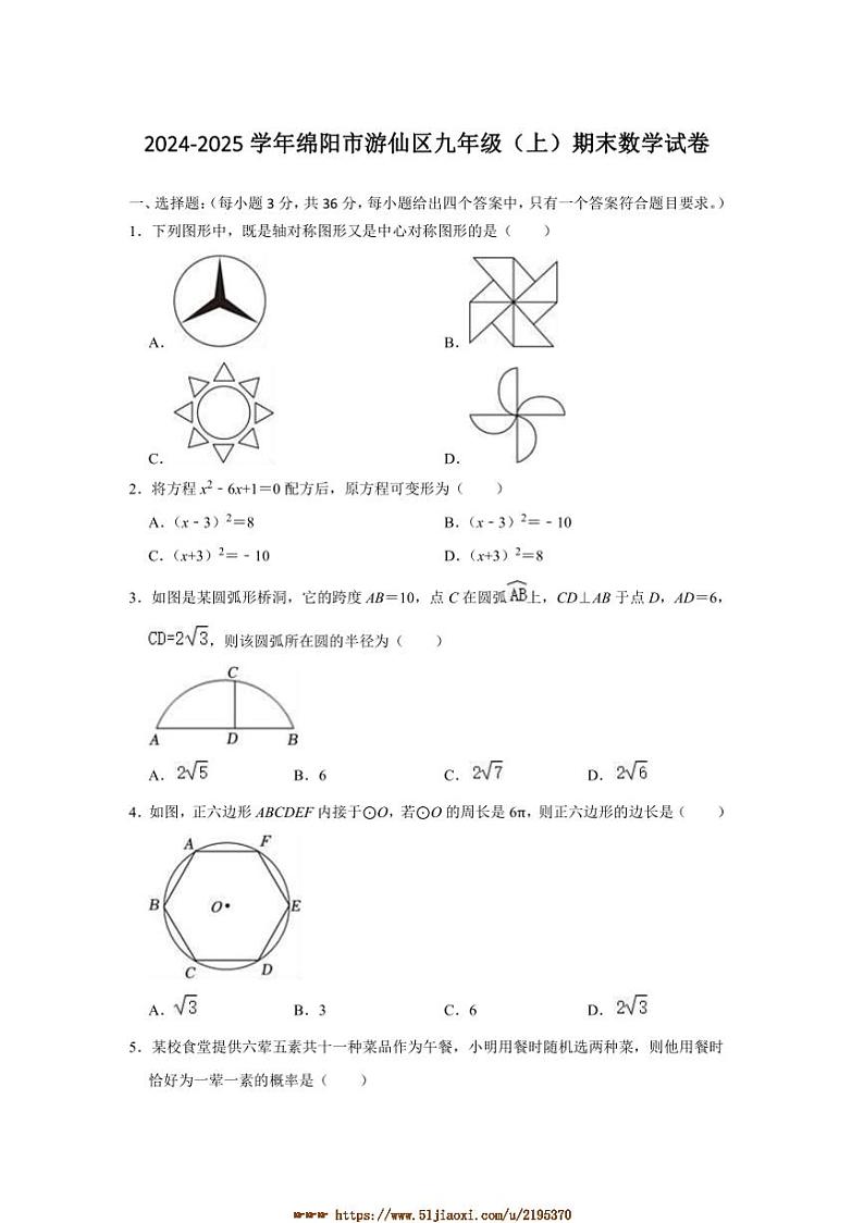 2024~2025学年四川省绵阳市游仙区九年级上1月期末数学试卷(含答案)第1页