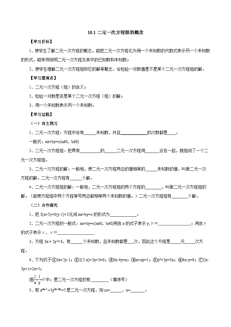 10.1《二元一次方程组的概念》导学案第1页