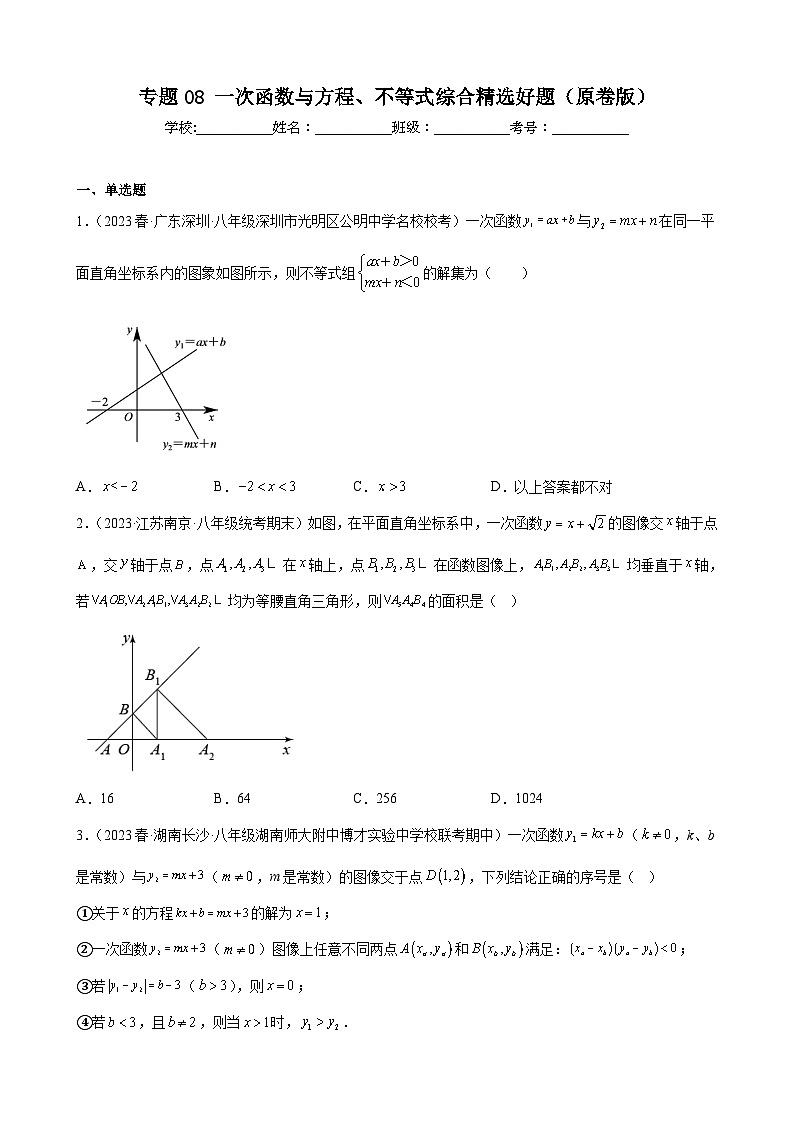 (人教版)数学八年级下册期末压轴题培优训练专题08 一次函数与方程、不等式综合(原卷版)第1页