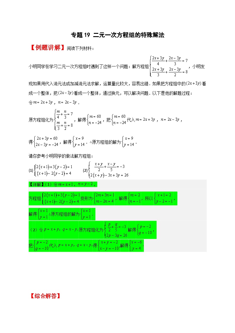 （人教版）数学七年级下册期末考点练习专题19 二元一次方程组的特殊解法（2份，原卷版+解析版）