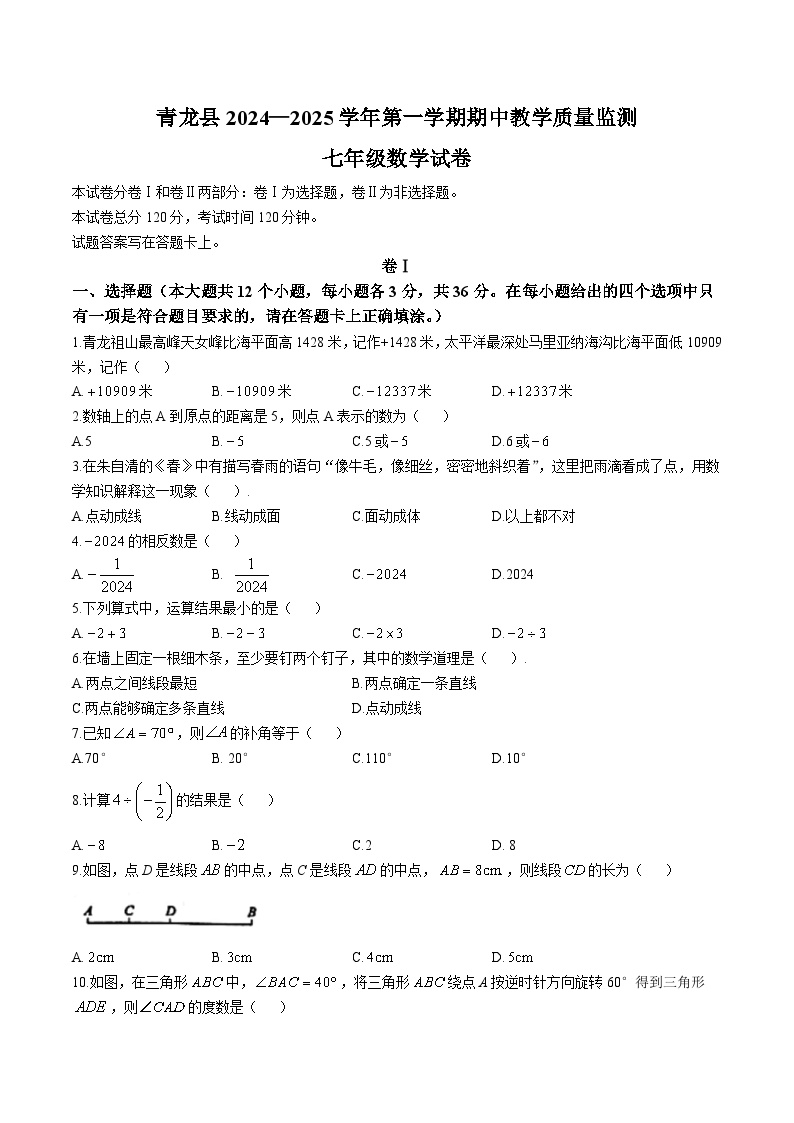 河北省秦皇岛市青龙县2024-2025学年七年级上学期期中教学质量监控数学试卷(含答案)