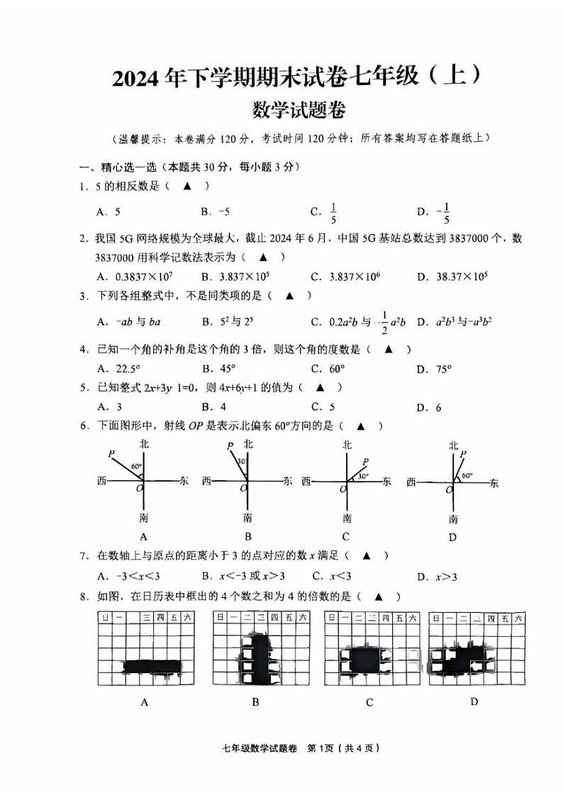 浙江省金华市东阳市2024-2025学年七年级上学期1月期末数学试题第1页