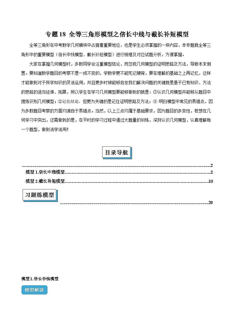 2025年中考数学几何模型归纳训练(全国通用)专题18全等三角形模型之倍长中线与截长补短模型解读与提分精练(原卷版+解析)第1页