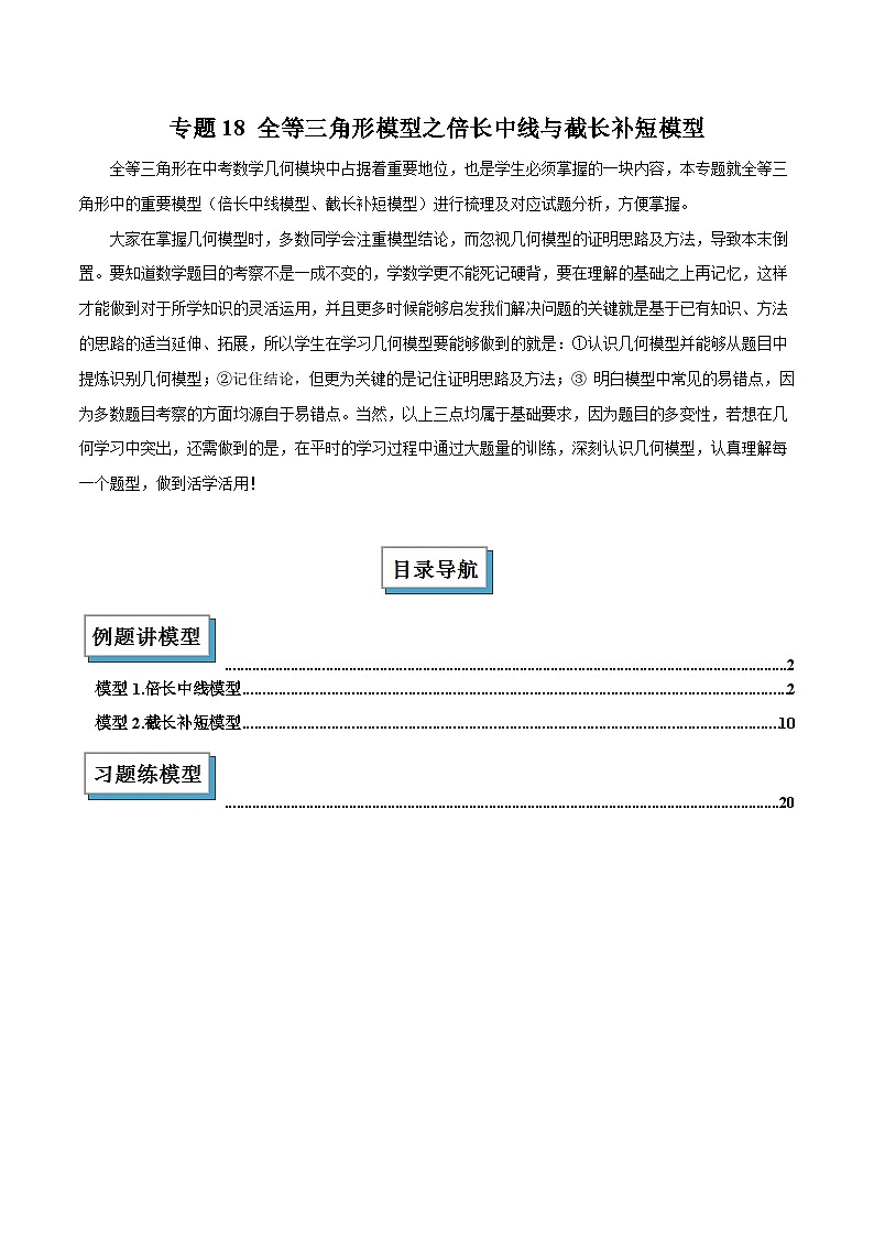 2025年中考数学复习(全国通用)专题18全等三角形模型之倍长中线与截长补短模型解读与提分精练(原卷版+解析)第1页
