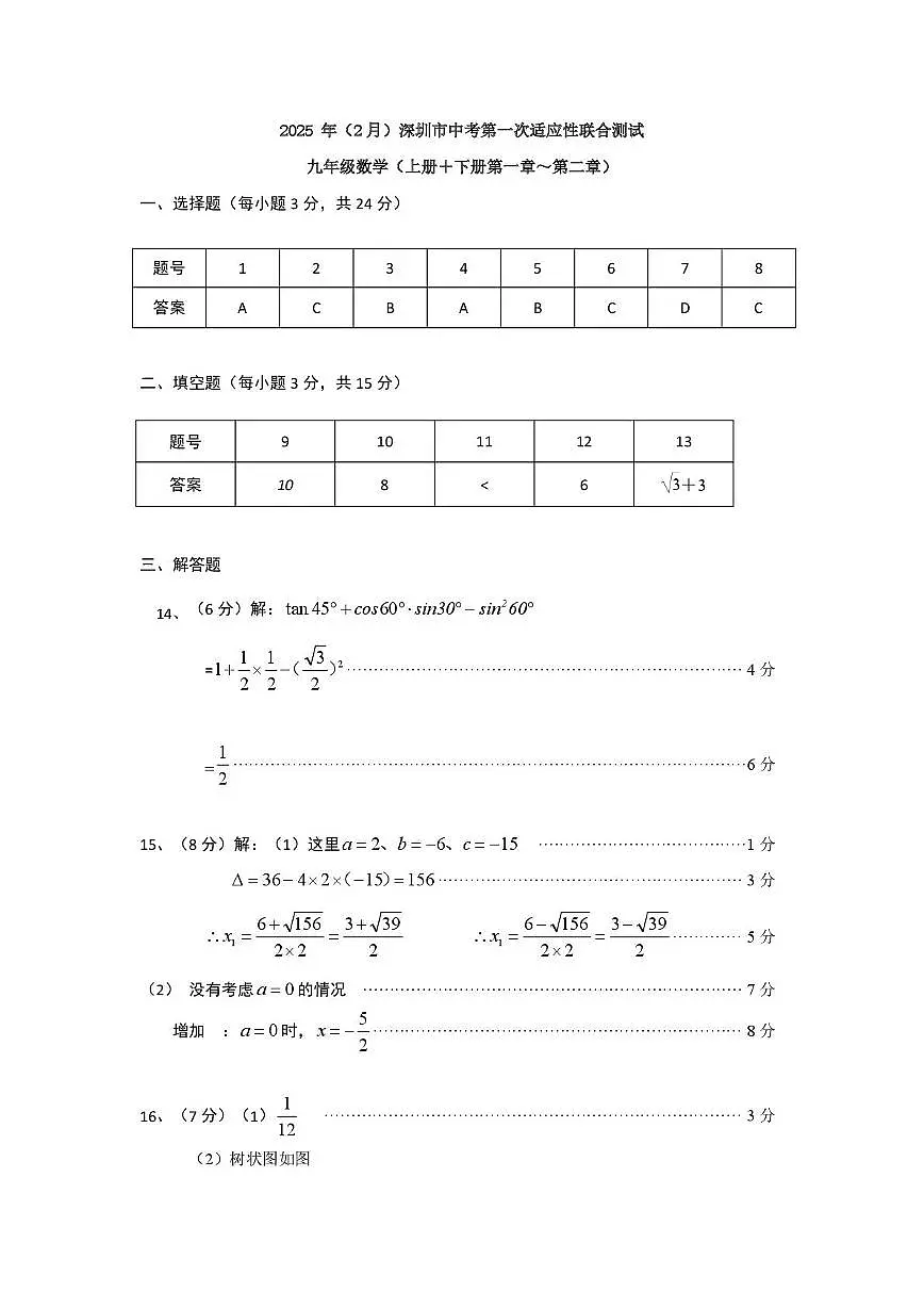 (数学答案)2025年(2月)深圳市中考第一次适应性联合测试-九年级参考答案第1页