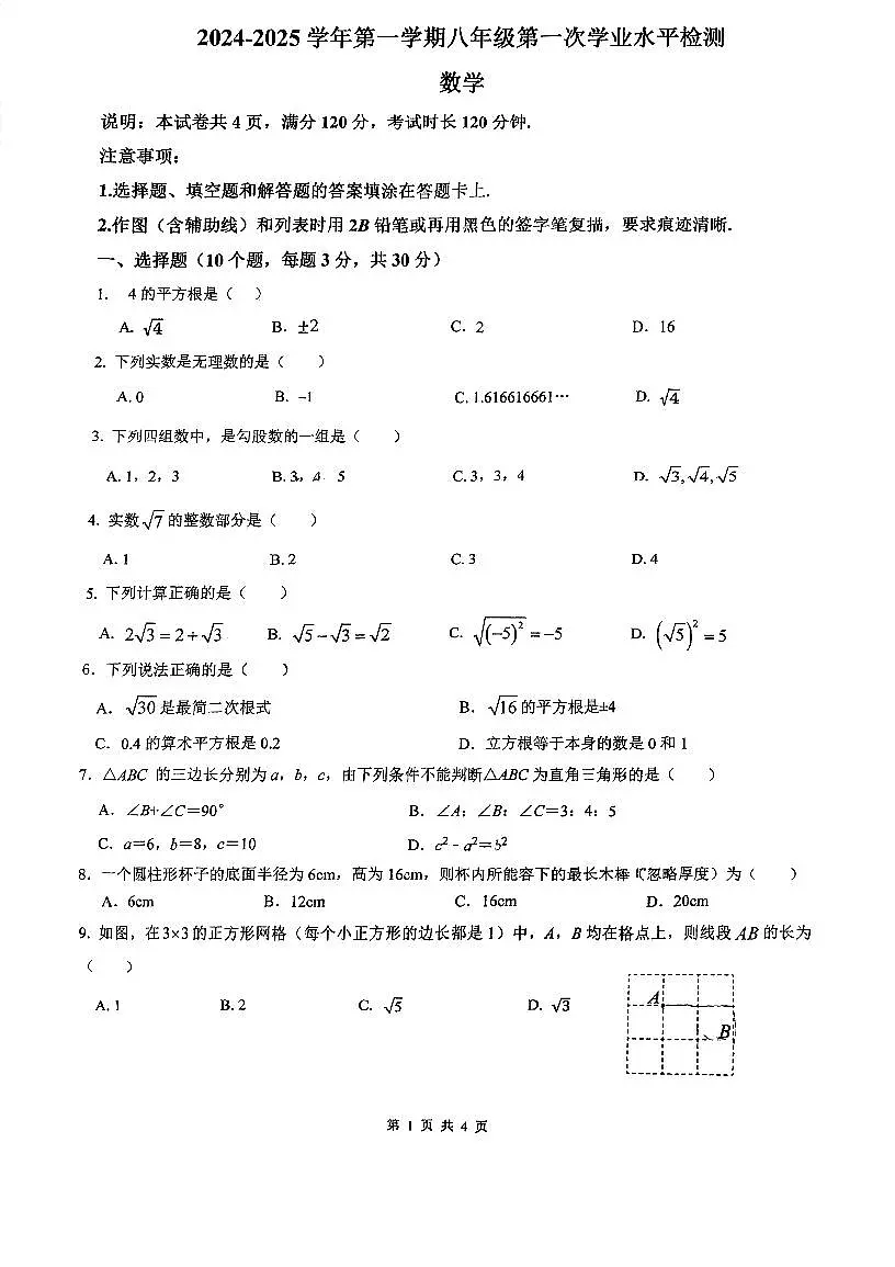 广东省佛山市顺德区拔萃实验学校2024-2025学年上学期第一次段考10月八年级数学试卷第1页