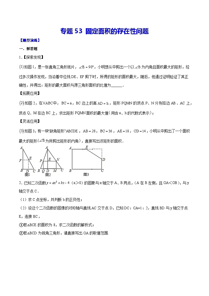 中考数学难点突破与经典模型精讲练(全国通用)专题53固定面积的存在性问题(原卷版+解析)第1页
