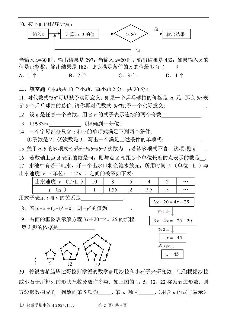 2024北京西城外国语学校初一(上)期中数学试卷(有答案)第2页