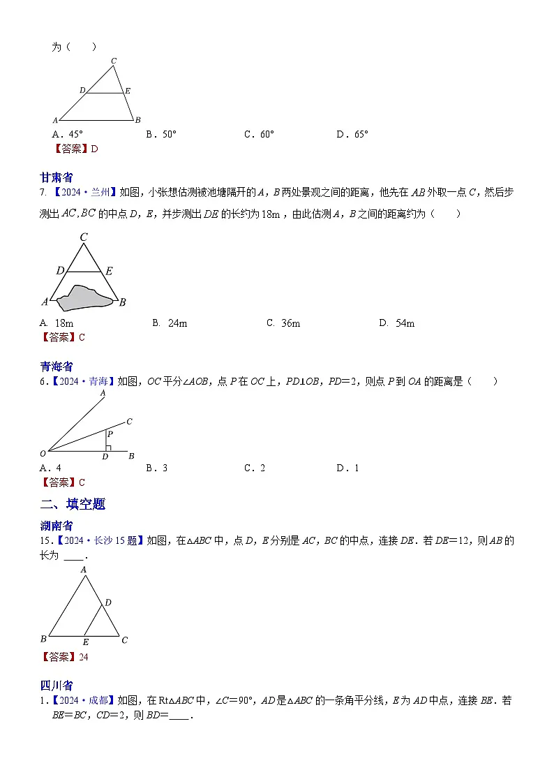 2024年中考数学真题分类汇编:知识点21 线段垂直平分线、角平分线、中位线2024(解析版)第2页
