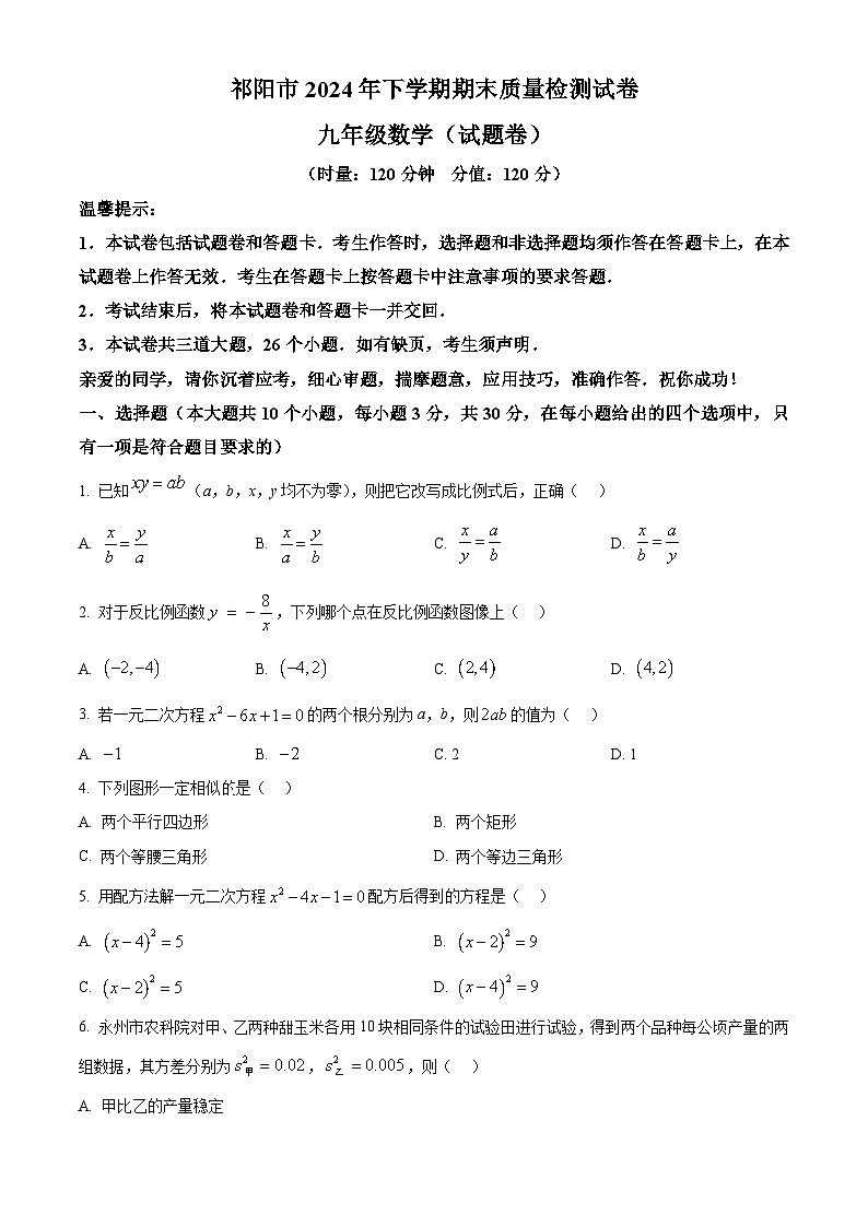 湖南省永州市祁阳市2024-2025学年九年级上学期期末质量检测数学试卷(原卷版)第1页