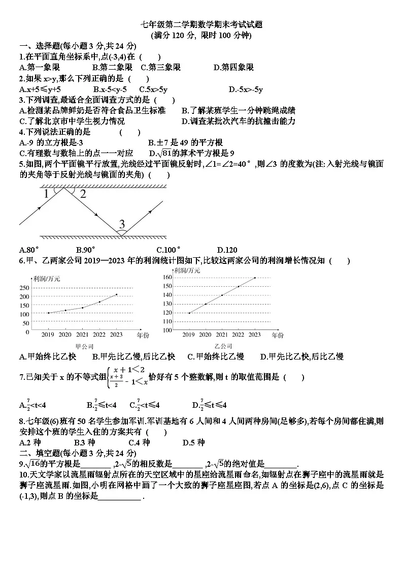 人教版七年级下学期数学期末考试试题(含答案)第1页
