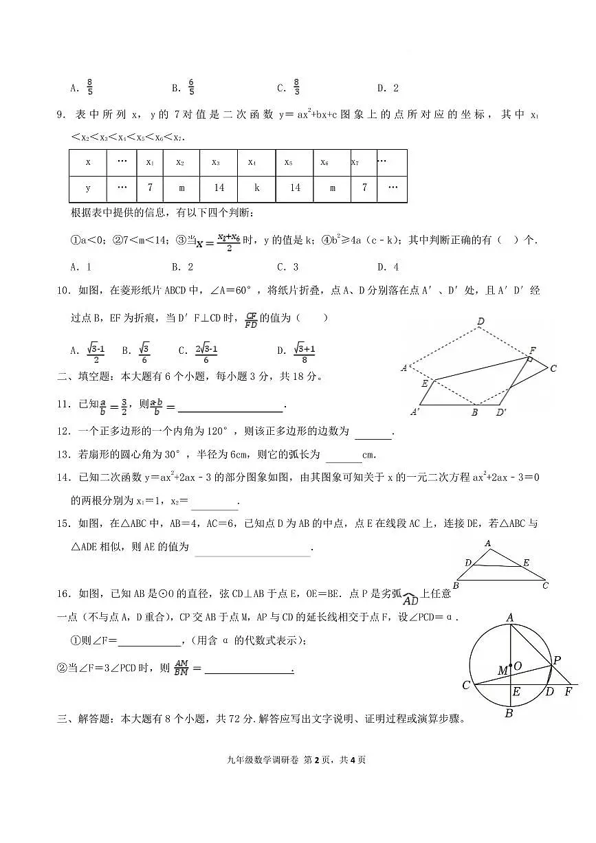 浙江杭州萧山区8校2024-2025学年下学期九年级联考2月月考数学试题(含答案)第2页