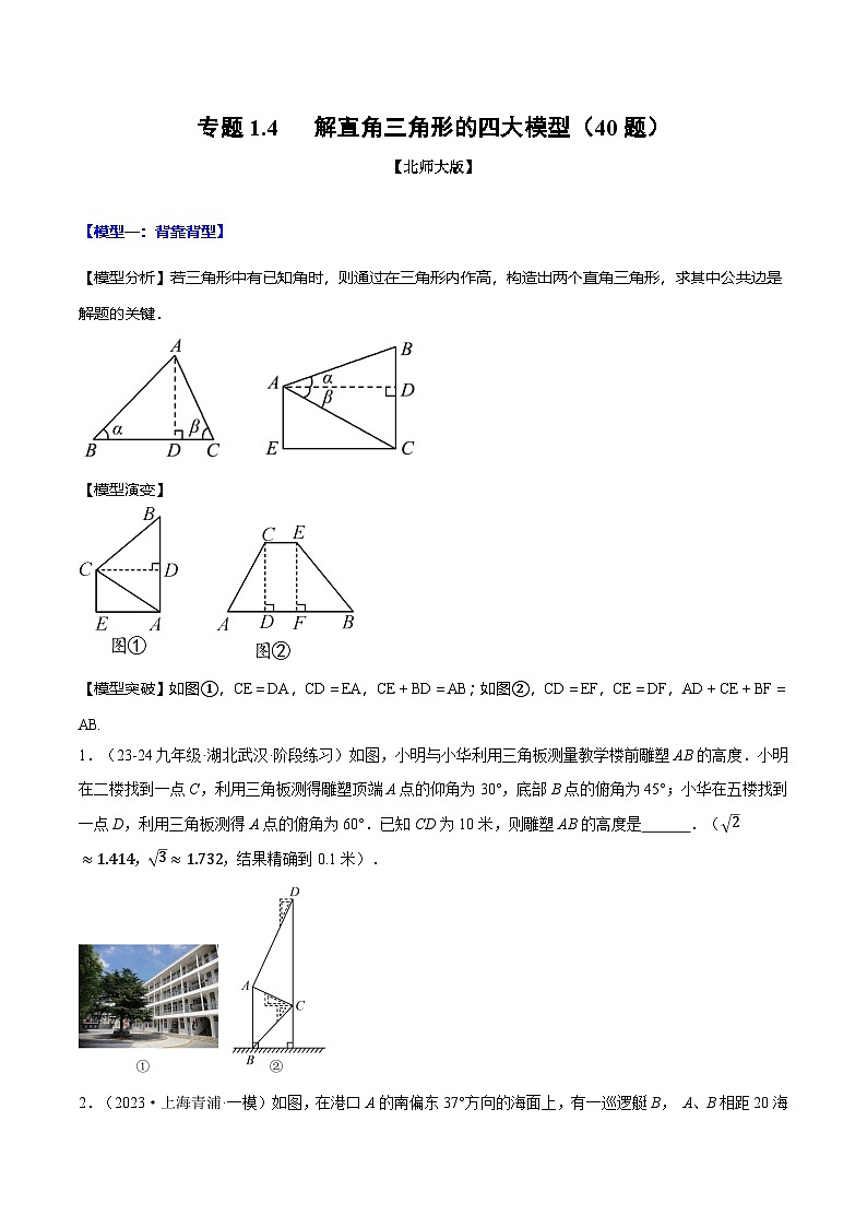 北师大版2024-2025学年九年级数学下册强化专练专题1.4解直角三角形的四大模型(40题)(原卷版+解析)第1页