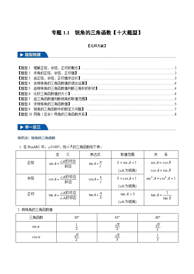 北师大版2024-2025学年九年级数学下册强化专练专题1.1锐角的三角函数【十大题型】(原卷版+解析)第1页
