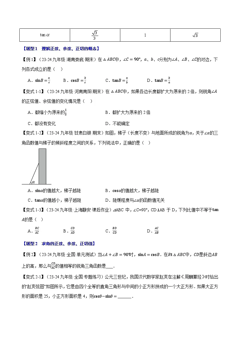 北师大版2024-2025学年九年级数学下册强化专练专题1.1锐角的三角函数【十大题型】(原卷版+解析)第2页